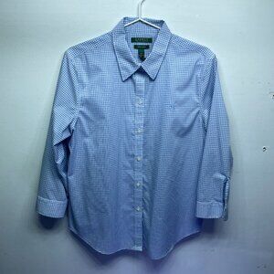 WOMEN'S RALPH LAUREN NON-IRON BUTTON DOWN SHIRT- BLUE CHECK PATTERN - SIZE LARGE
